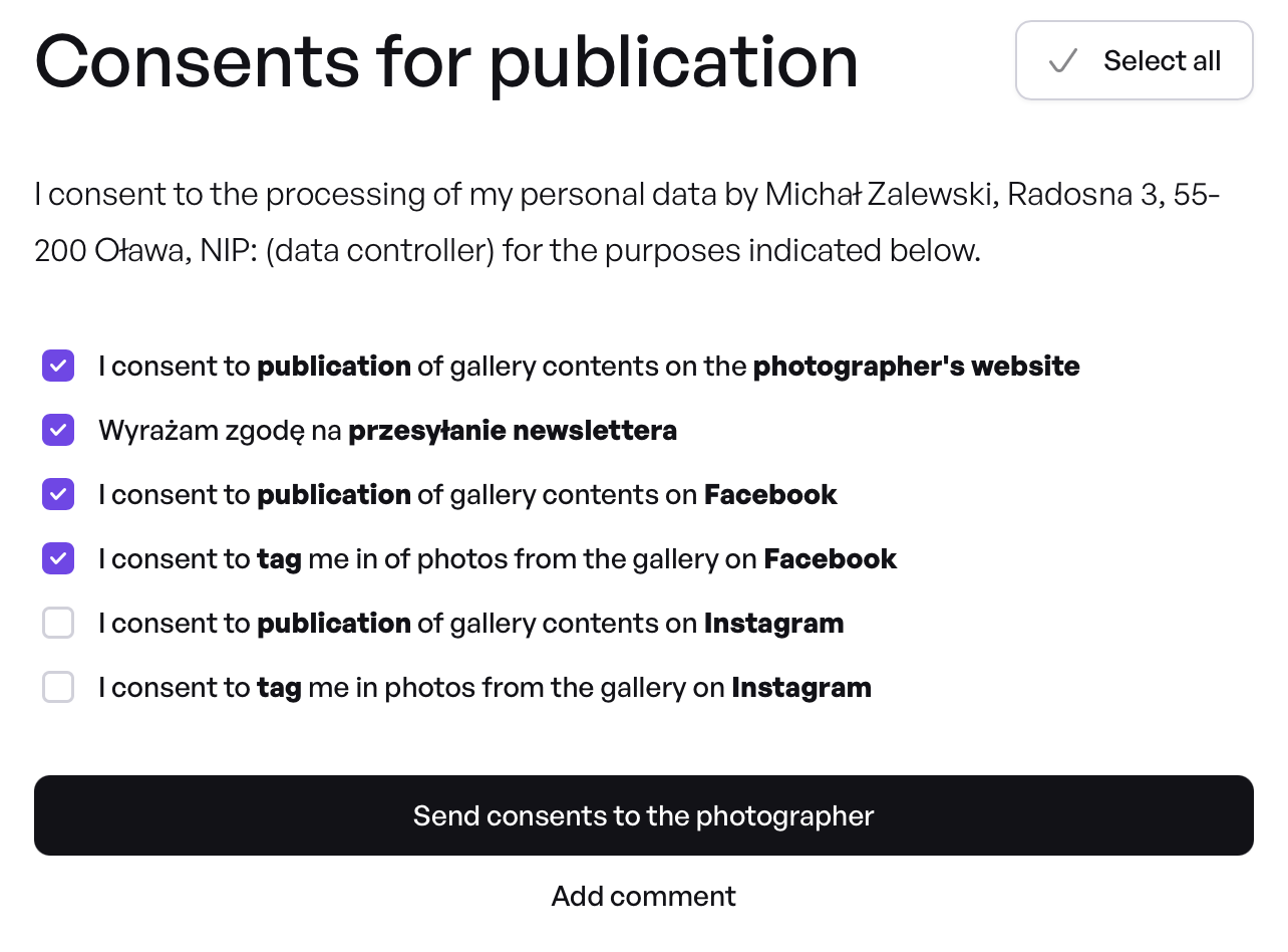 The list of consents the client can select in a public gallery