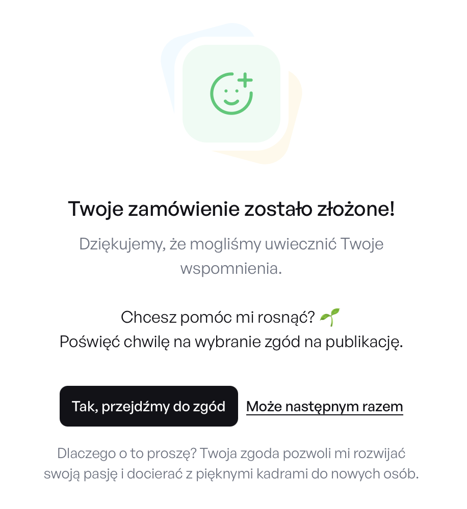 Komunikat z prośbą o zgody wyświetlany po złożeniu zamówienia przez klienta