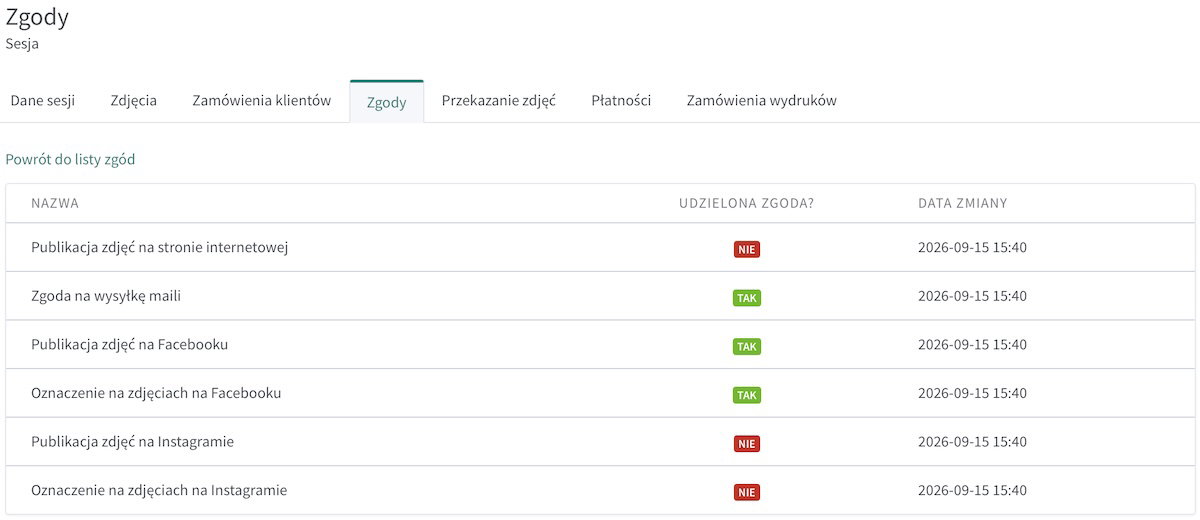 Lista zgód w zakładce „Zgody” dotyczące pojedynczego klienta