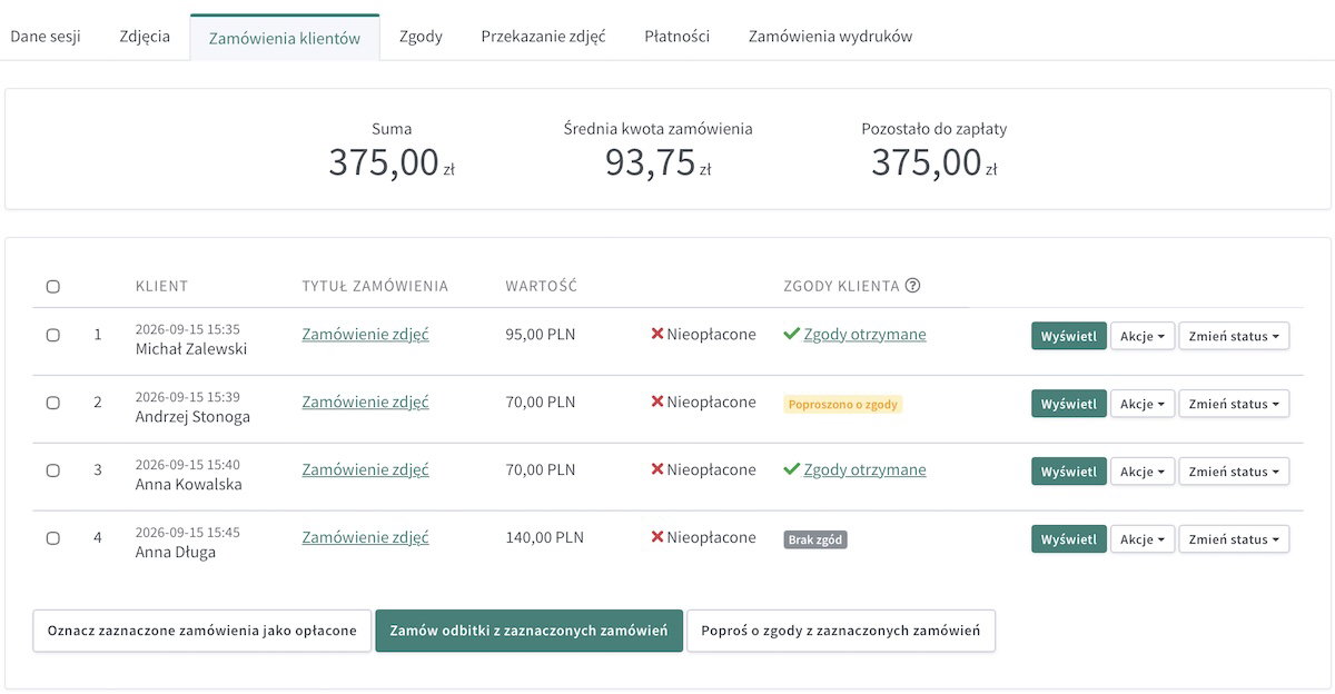 Lista zamówień ze statusami zgód dla poszczególnych zamówień