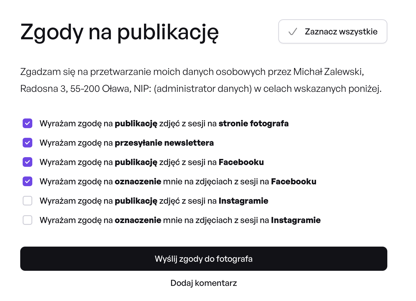 Lista zgód możliwych do zaznaczenia przez klienta w sesji publicznej